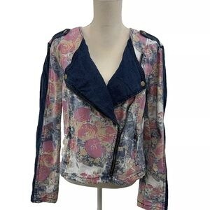 Live a Little Women's Floral Jean Jacket Pink Blue Denim Size XL Zip Up